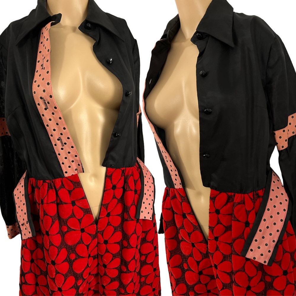 VINTAGE | 1970s Howard Wolf Large Red Floral Skirt Dots Belted Collar Dress S M - Picture 5 of 7